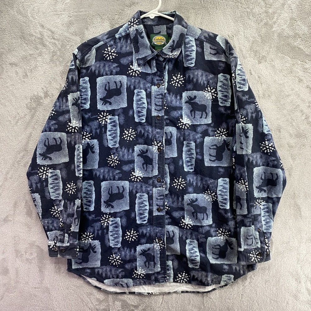 Cabela's For Women Flannel Shirt L Reg Moose Snowflake 100% Cotton Vintage EUC!